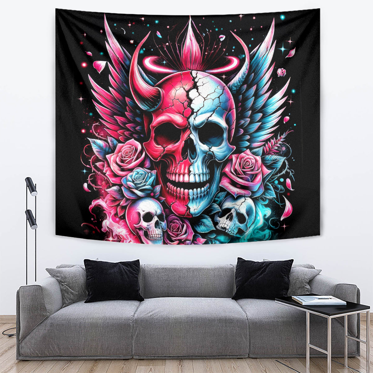 Couple Skull Tapestry She Was And Angel Craving Chaos Demon Seeking Peace