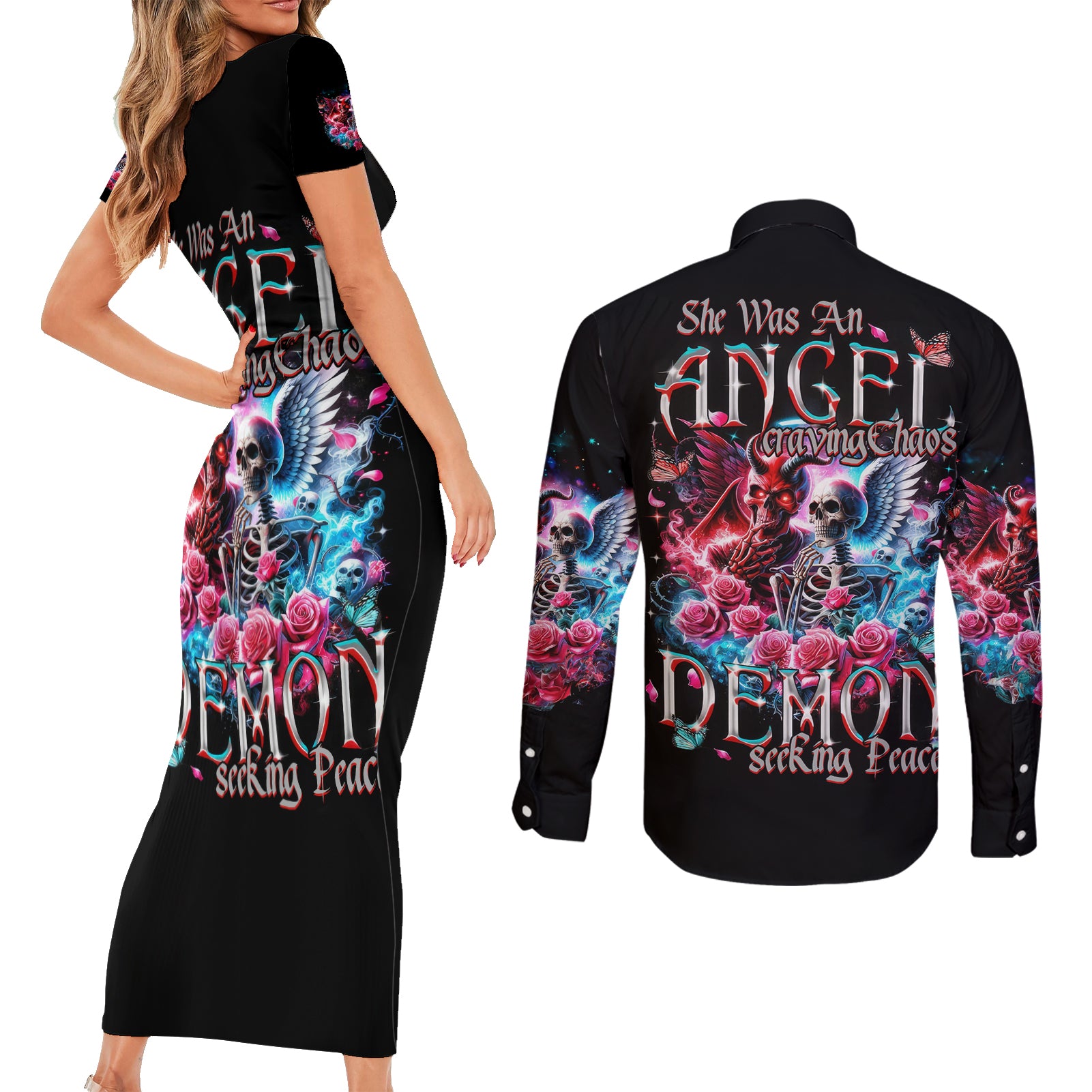 Flame Skull Couples Matching Short Sleeve Bodycon Dress and Long Sleeve Button Shirt I'm Not Anti Social I'm Just Not User Friendly - Wonder Print Shop