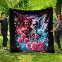 Large black flame skull quilt spread on grass with red and blue wings, roses, and skeleton art