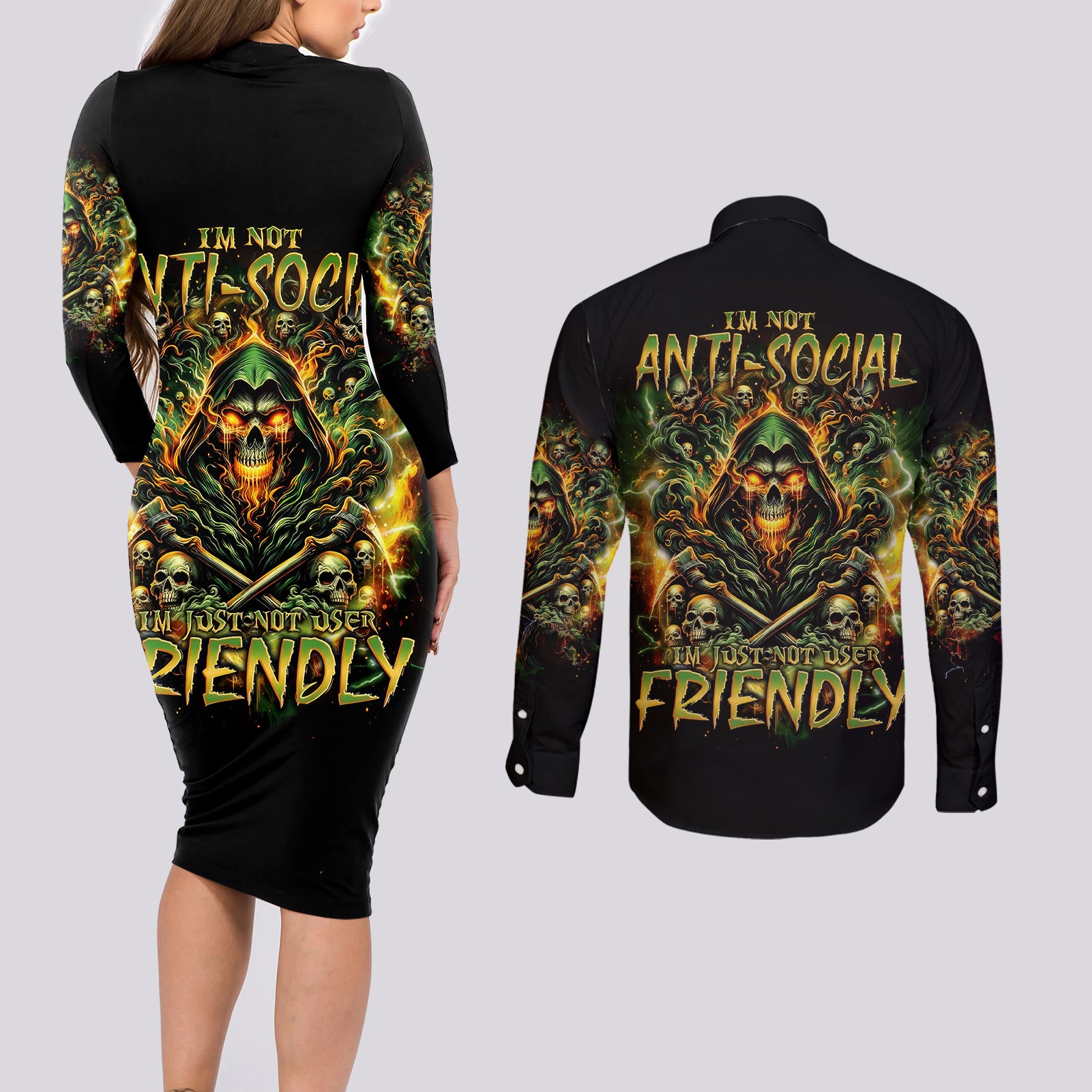 Rose Skull Couples Matching Long Sleeve Bodycon Dress and Long Sleeve Button Shirt Don't Try Figure Me out - Wonder Print Shop