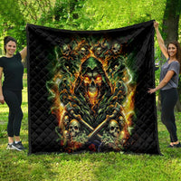 Black quilted outdoor blanket with green-orange skull dragon and sword graphic