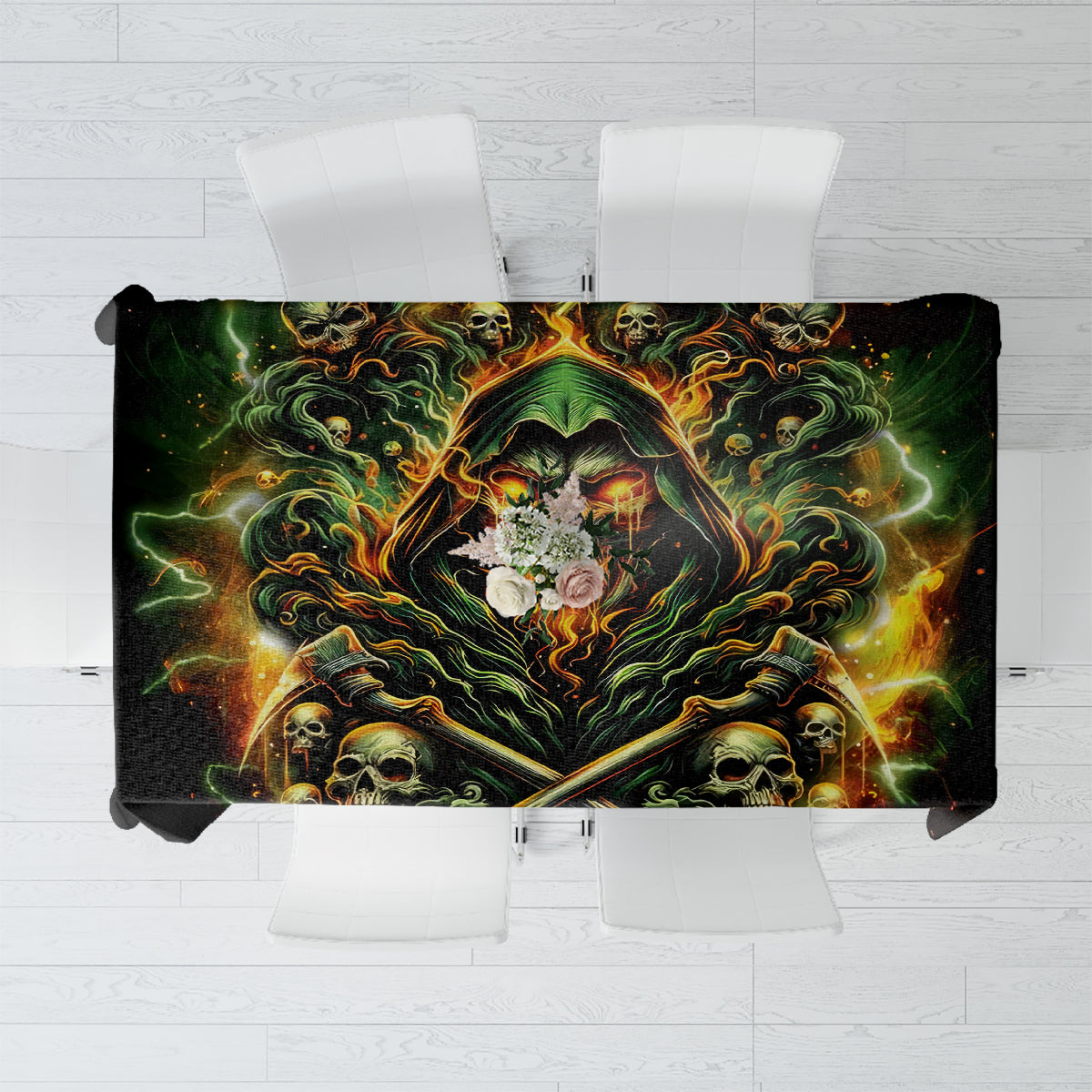 Black tablecloth with colorful green skull and rose graphic, rectangular print