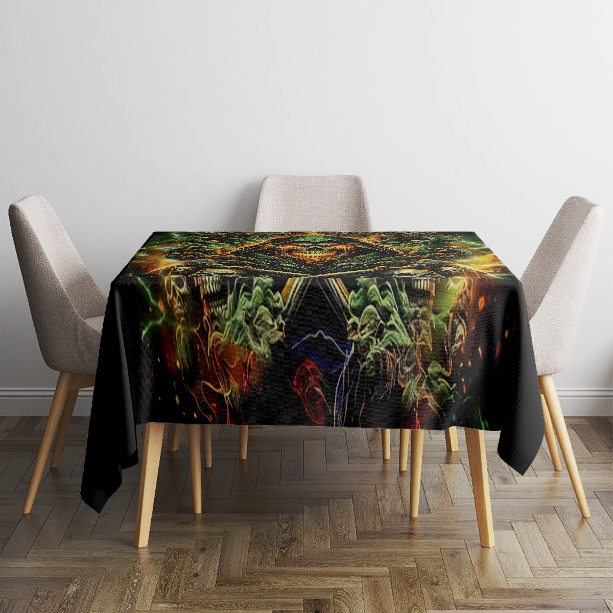 Black tablecloth with green skull and rose motif over square table
