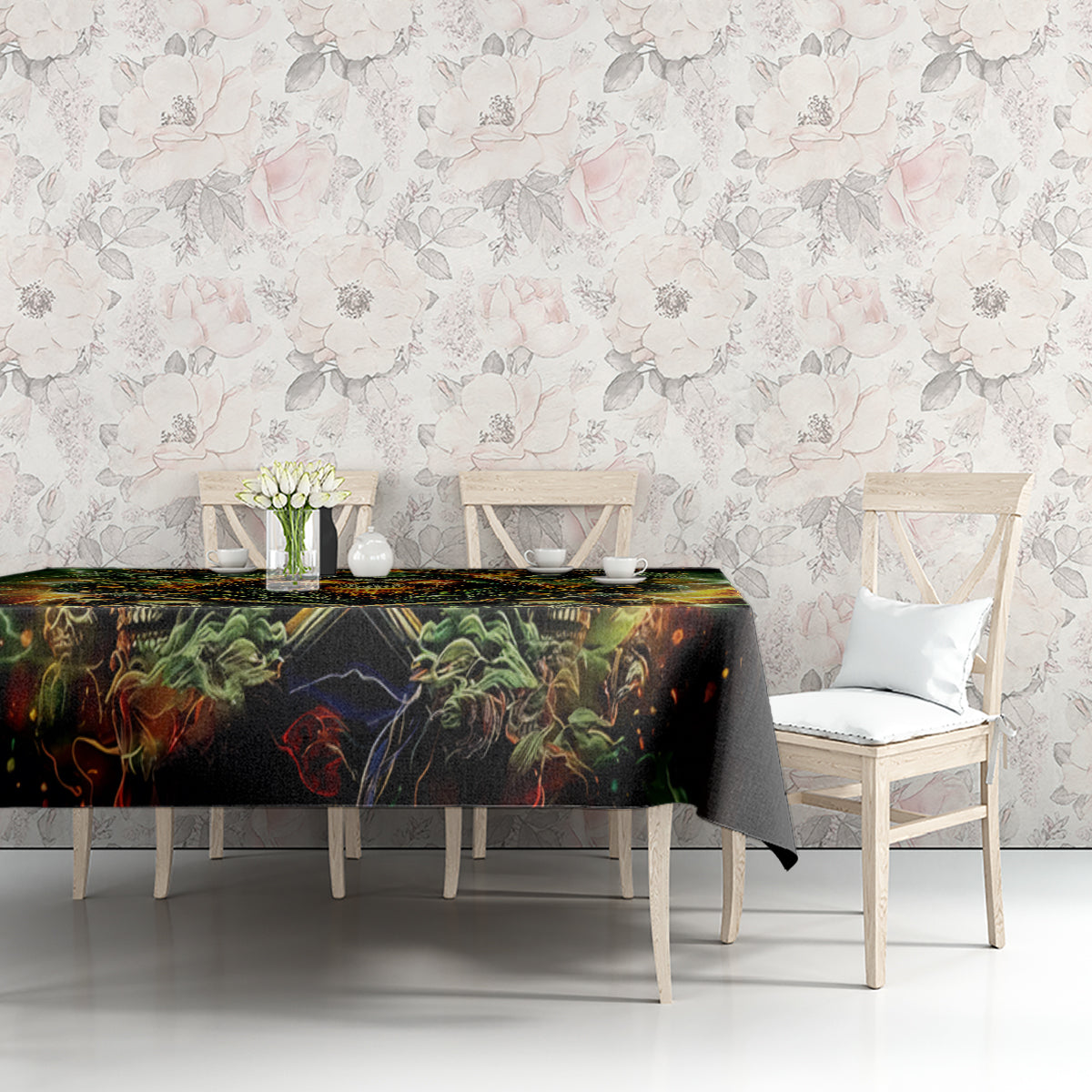 Black skull and rose tablecloth on dining table