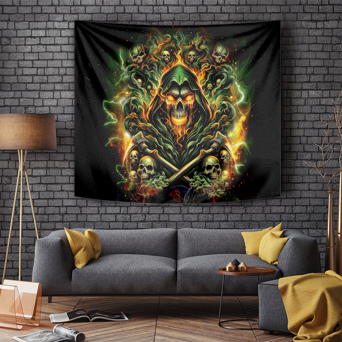 Hanging black skull tapestry with green glow, orange flames, cross swords, and skull faces