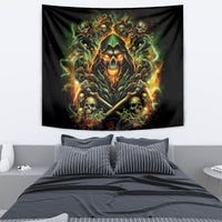 Black gothic skull tapestry with glowing green eyes, orange flame aura, and crossed swords