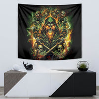 Black skull tapestry featuring radiant green flames, orange glow, crossed swords, and skulls