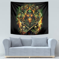 Black skull tapestry with green and orange flame design, crossed swords, and many skulls