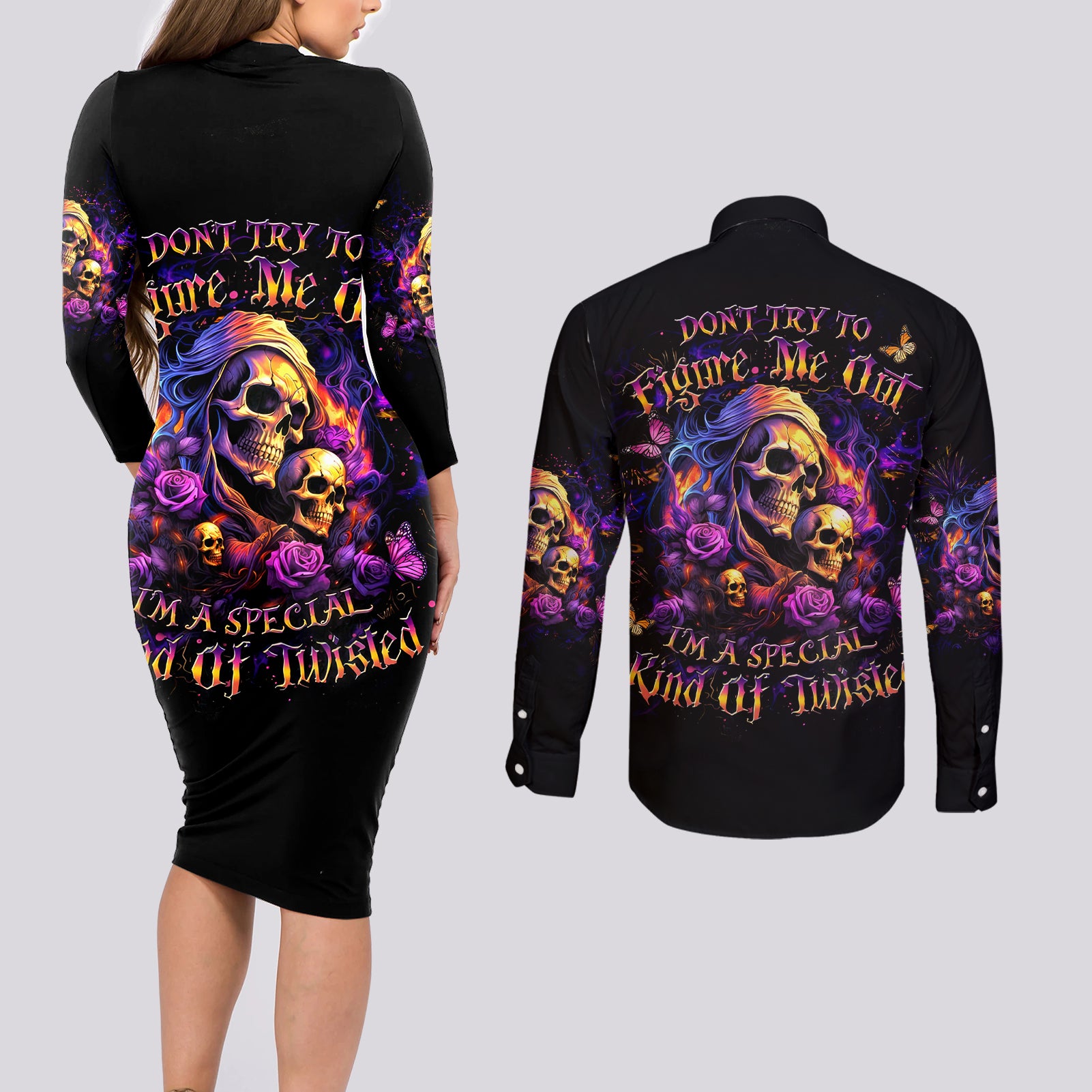 Irish Skull Couples Matching Long Sleeve Bodycon Dress and Long Sleeve Button Shirt Good Girl Drinve Wine, Badass Girl Chug Beer - Wonder Print Shop