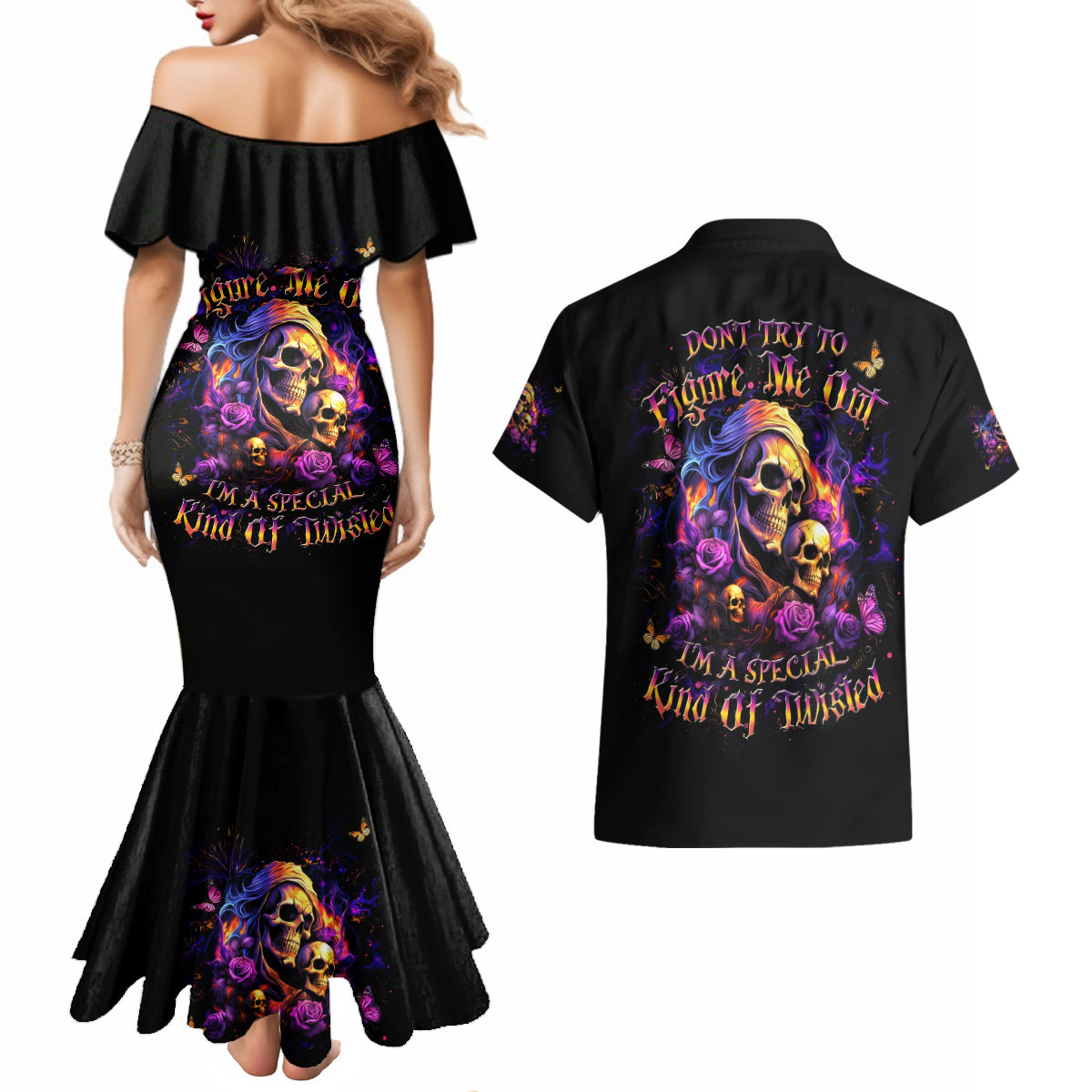 Irish Skull Couples Matching Mermaid Dress and Hawaiian Shirt Good Girl Drinve Wine, Badass Girl Chug Beer - Wonder Print Shop