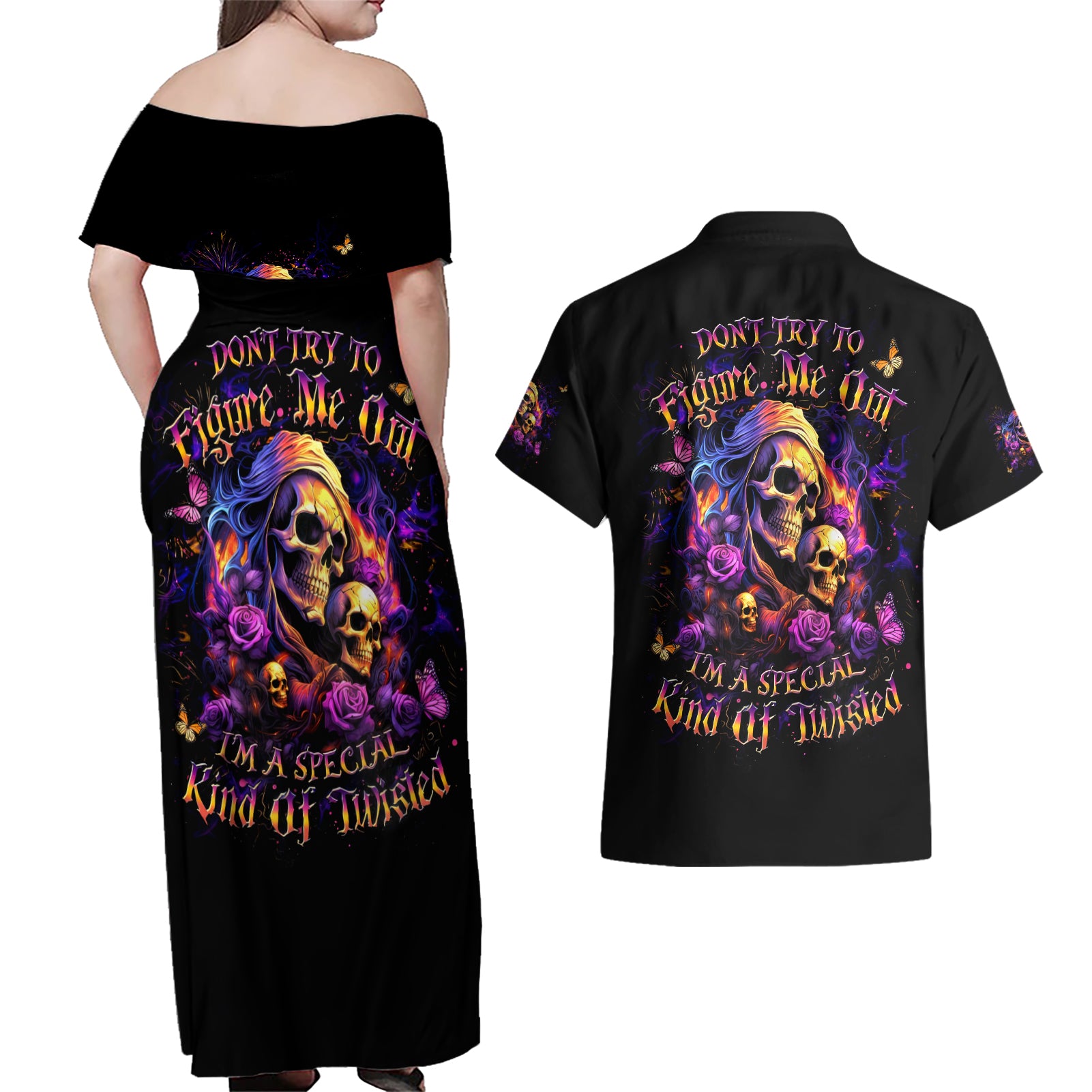 Irish Skull Couples Matching Off Shoulder Maxi Dress and Hawaiian Shirt Good Girl Drinve Wine, Badass Girl Chug Beer - Wonder Print Shop