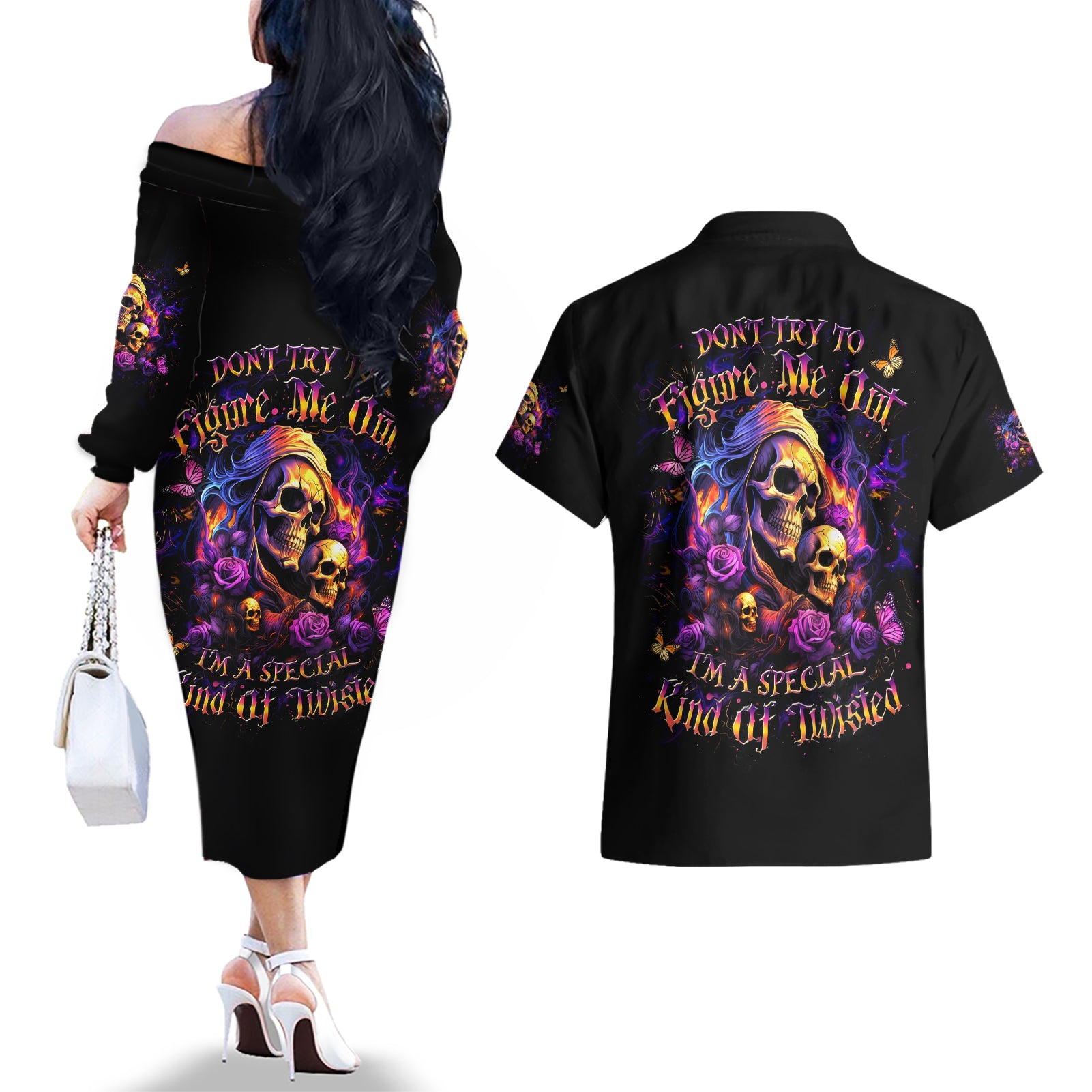 Irish Skull Couples Matching Off The Shoulder Long Sleeve Dress and Hawaiian Shirt Good Girl Drinve Wine, Badass Girl Chug Beer - Wonder Print Shop