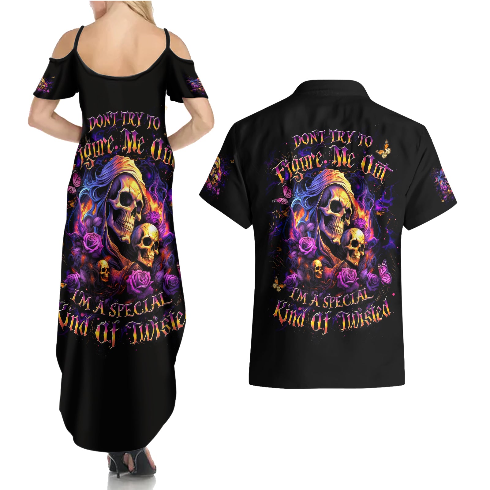 Irish Skull Couples Matching Summer Maxi Dress and Hawaiian Shirt Good Girl Drinve Wine, Badass Girl Chug Beer - Wonder Print Shop