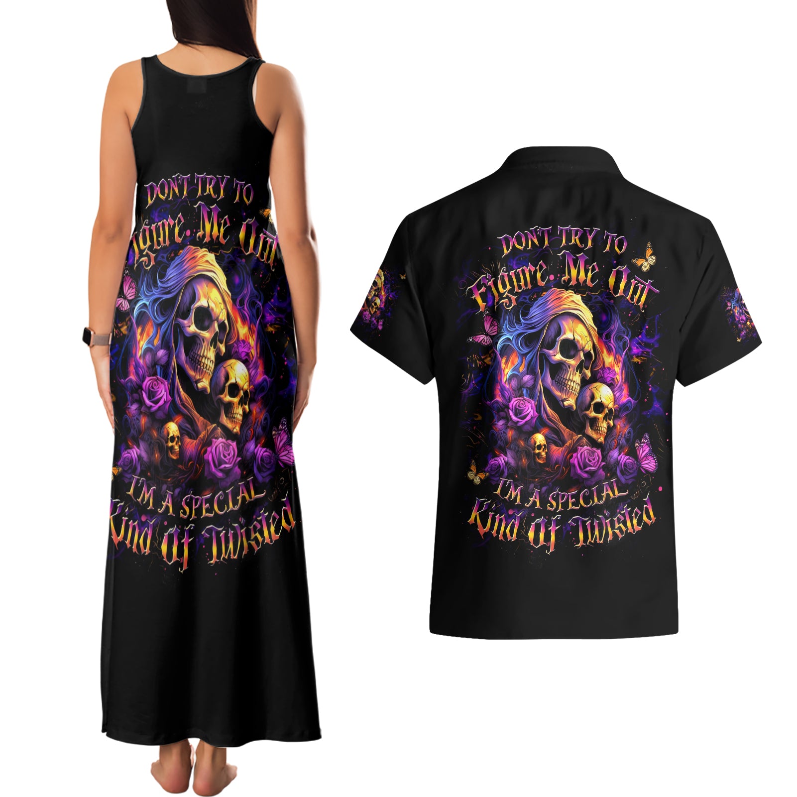 Irish Skull Couples Matching Tank Maxi Dress and Hawaiian Shirt Good Girl Drinve Wine, Badass Girl Chug Beer - Wonder Print Shop