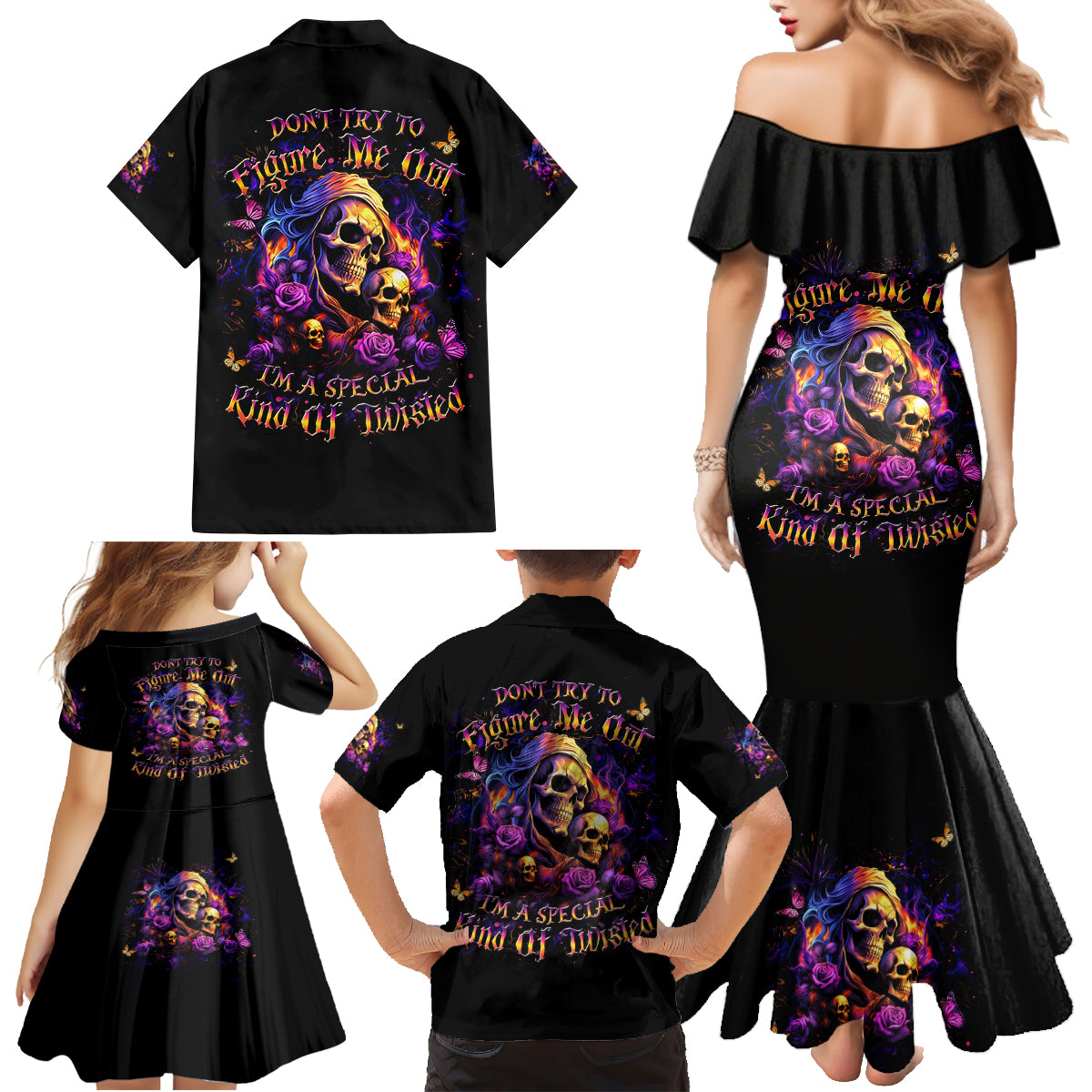 Irish Skull Family Matching Mermaid Dress and Hawaiian Shirt Good Girl Drinve Wine, Badass Girl Chug Beer - Wonder Print Shop