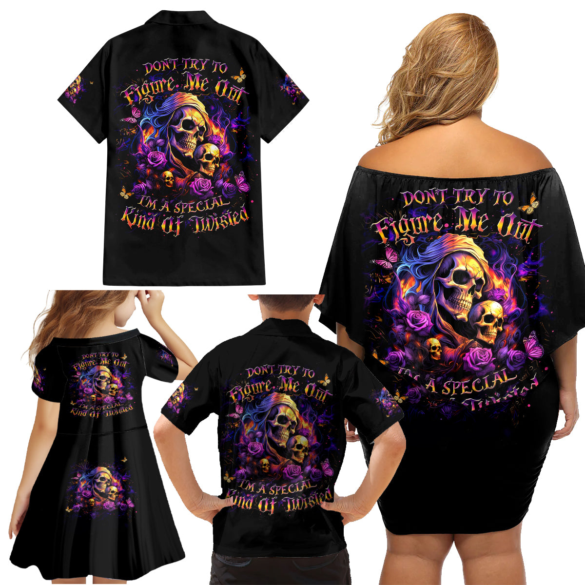 Irish Skull Family Matching Off Shoulder Short Dress and Hawaiian Shirt Good Girl Drinve Wine, Badass Girl Chug Beer - Wonder Print Shop