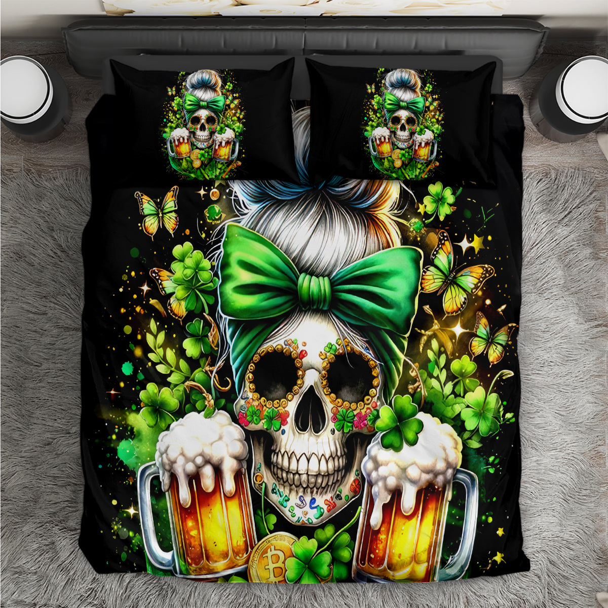 Black bedding set with green bow skull graphic and two matching pillowcases