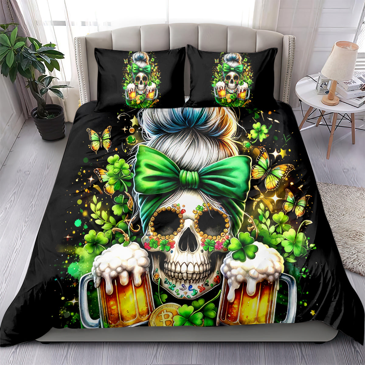 Black duvet set with green bow skull print, clover details, and two pillowcases