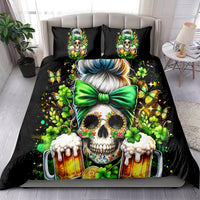 Black duvet set with green bow skull print, clover details, and two pillowcases