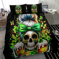 Black skull bedding set with green bow hair, clovers, and two pillowcases