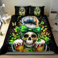 Black duvet bedding set featuring green bow skull with beer mugs and two pillowcases