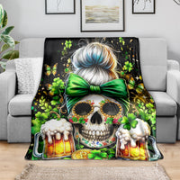 Black skull throw blanket with green bow and shamrocks, beer mug graphic print