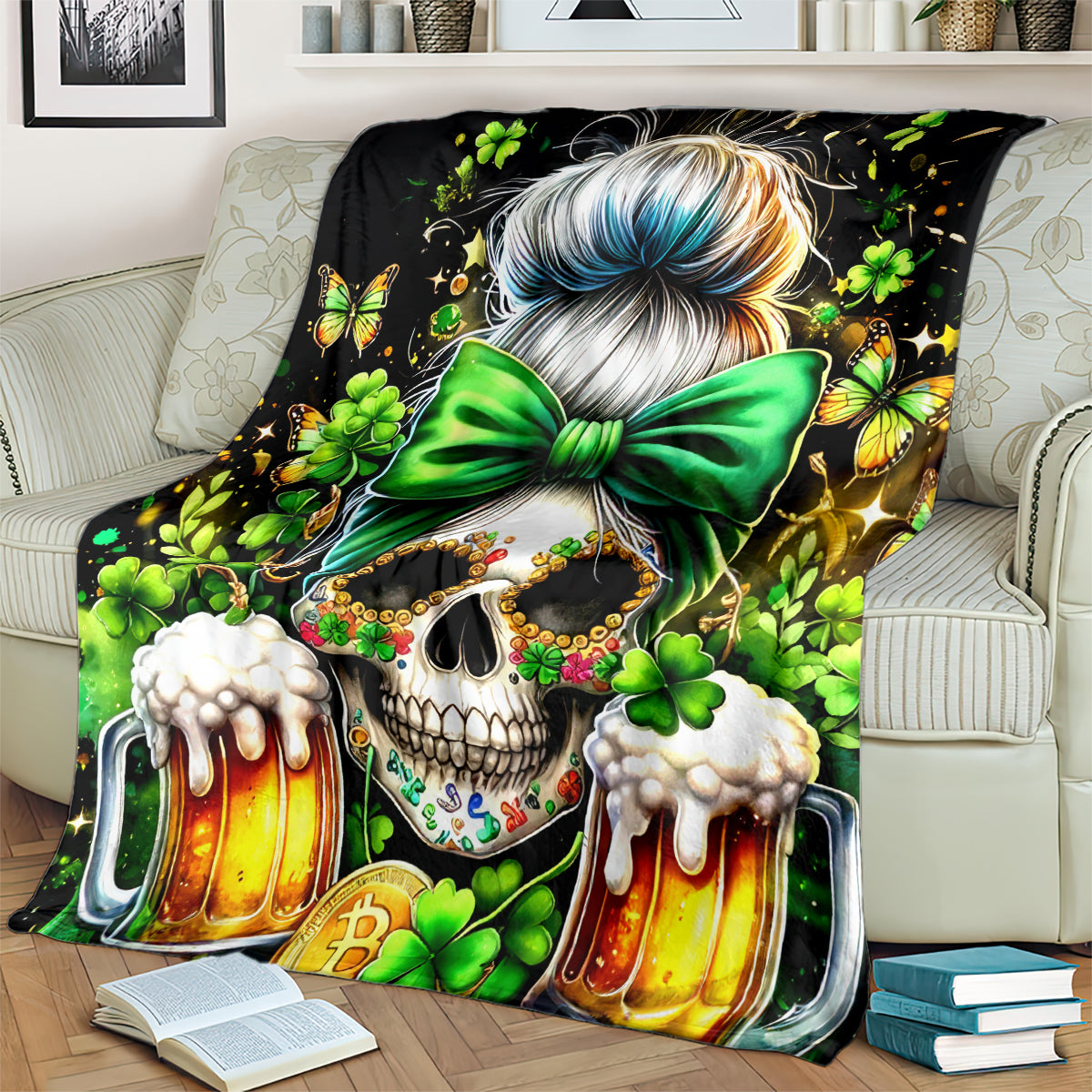 Black blanket with close-up skull face, green bow, clovers, and beer mugs