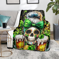 Black skull blanket with green bow, shamrocks, beer mugs, and butterfly accents