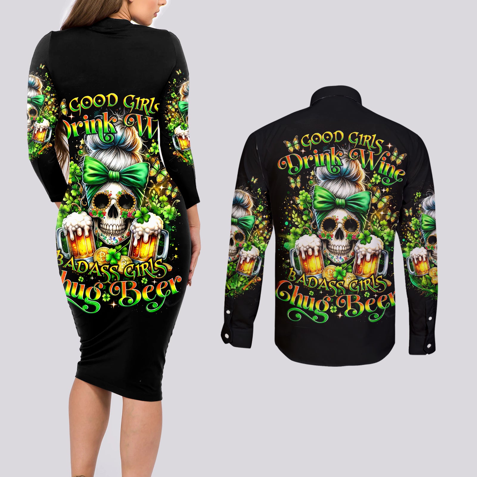 Rose Skull Couples Matching Long Sleeve Bodycon Dress and Long Sleeve Button Shirt No Matter How Much I Try To Be Fucking Nice - Wonder Print Shop