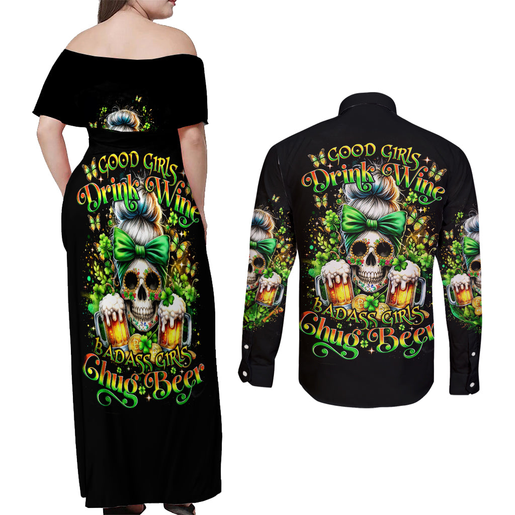 Rose Skull Couples Matching Off Shoulder Maxi Dress and Long Sleeve Button Shirt No Matter How Much I Try To Be Fucking Nice - Wonder Print Shop