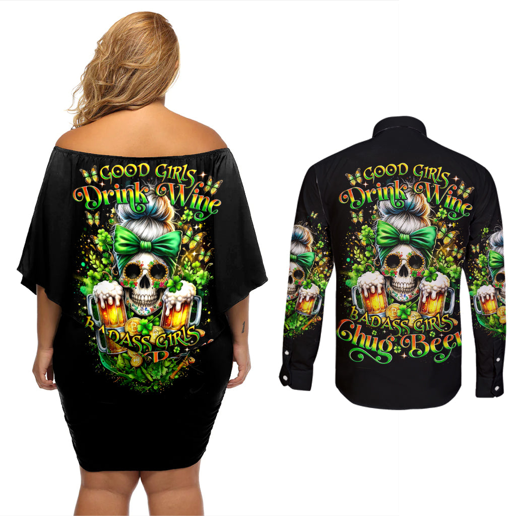 Rose Skull Couples Matching Off Shoulder Short Dress and Long Sleeve Button Shirt No Matter How Much I Try To Be Fucking Nice - Wonder Print Shop