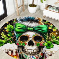 Black round skull rug with green bow, shamrocks, and floral-decor paws