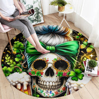 Black round skull rug with green bow, colorful beads, and shamrock accents