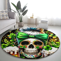 Black round skull rug with green bow centerpiece and rainbow-toned hair detail