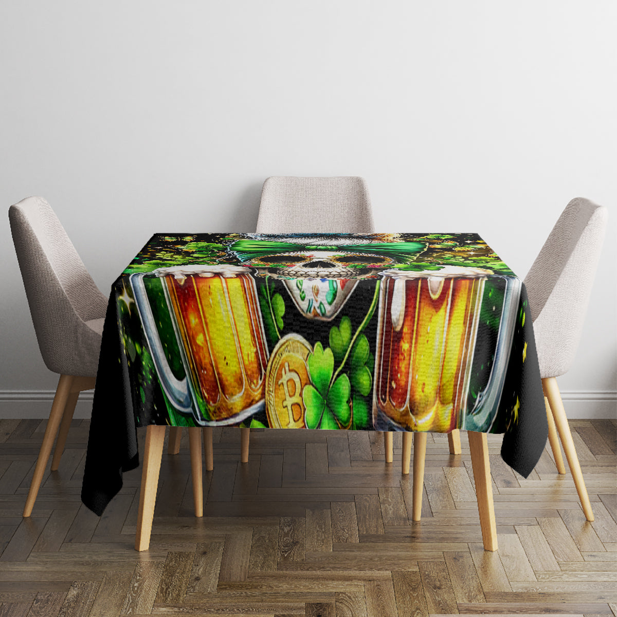 Black tablecloth featuring striped artwork, shamrocks and skull graphic on table