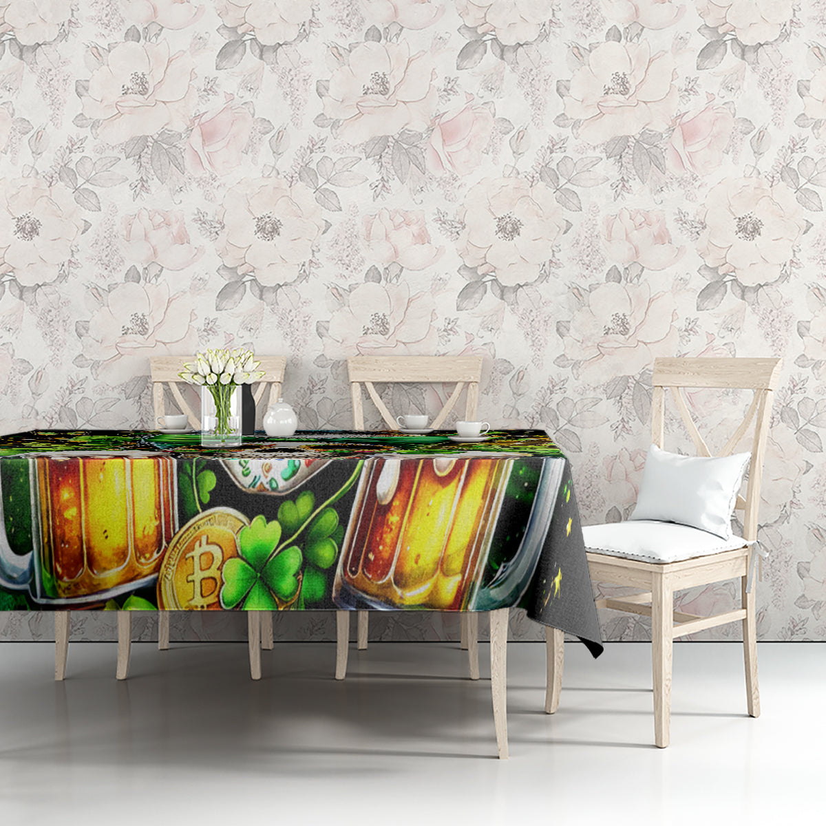 Black tablecloth with mug and clover print, partially shown on dining table