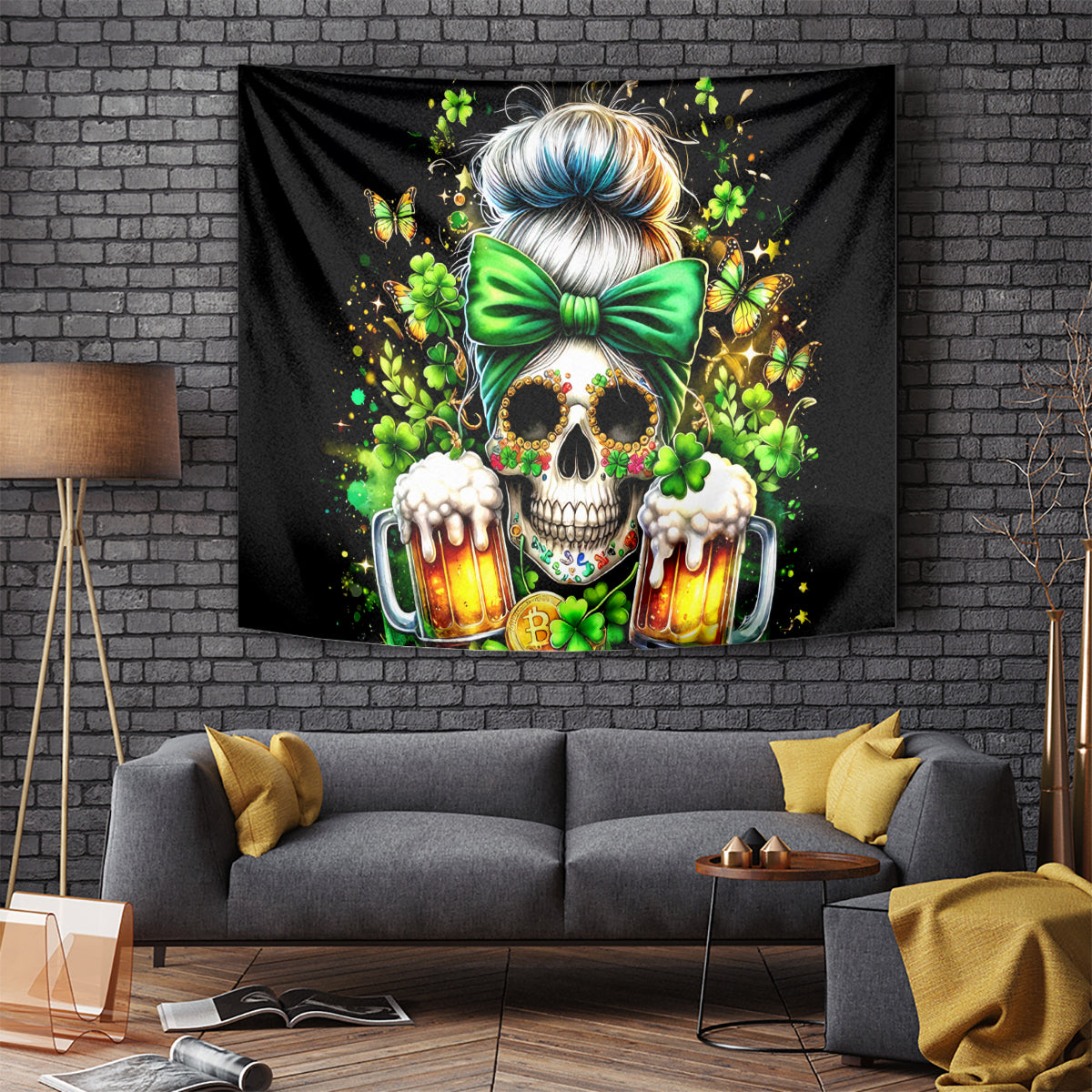 Black wall tapestry featuring a skull with green bow, foamy pint mugs, and shamrocks