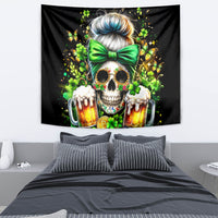 Black skull tapestry with green bow, beer mugs, and bright clover-and-butterfly accents