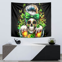 Black decorative tapestry showing a skull with green bow, pint mugs, and butterflies