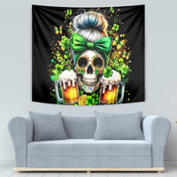 Black wall tapestry with skull face, green ribbon bow, and two foamy pint beer mugs