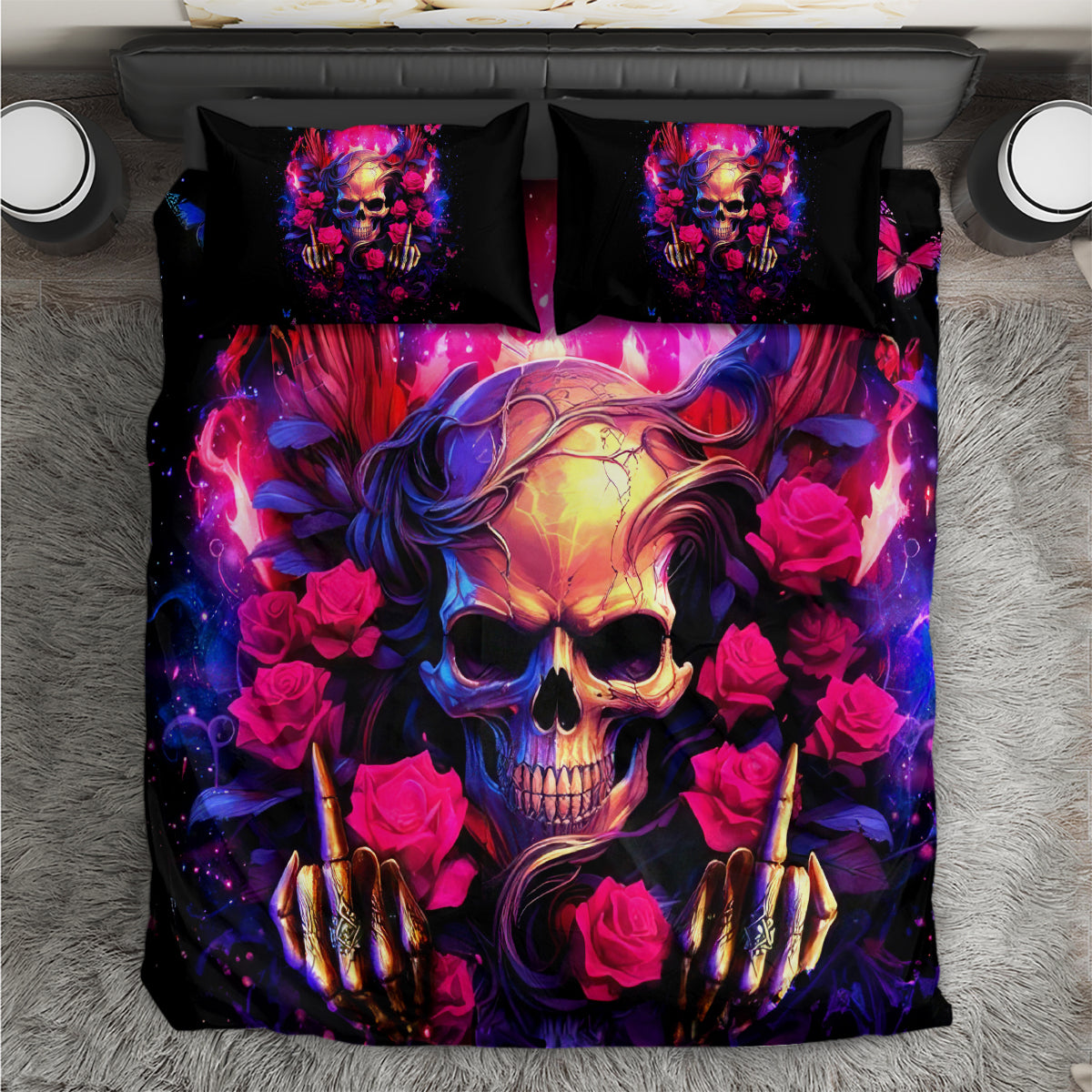 Black skull and rose bedding set with two matching character-print pillows