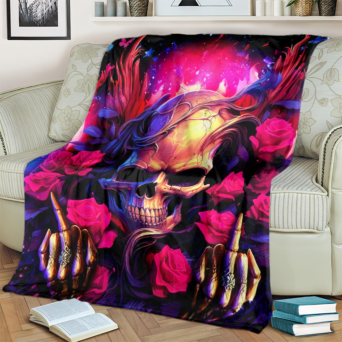 Skull rose blanket draped over sofa, close view of glowing skull, pink roses, and colorful flames