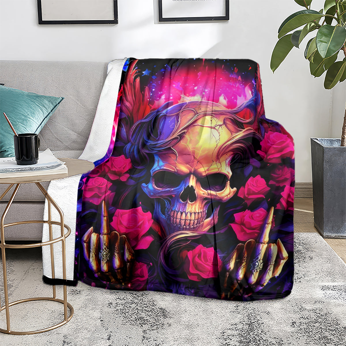 Skull rose blanket on floor beside side table, vivid glowing skull with pink rose details