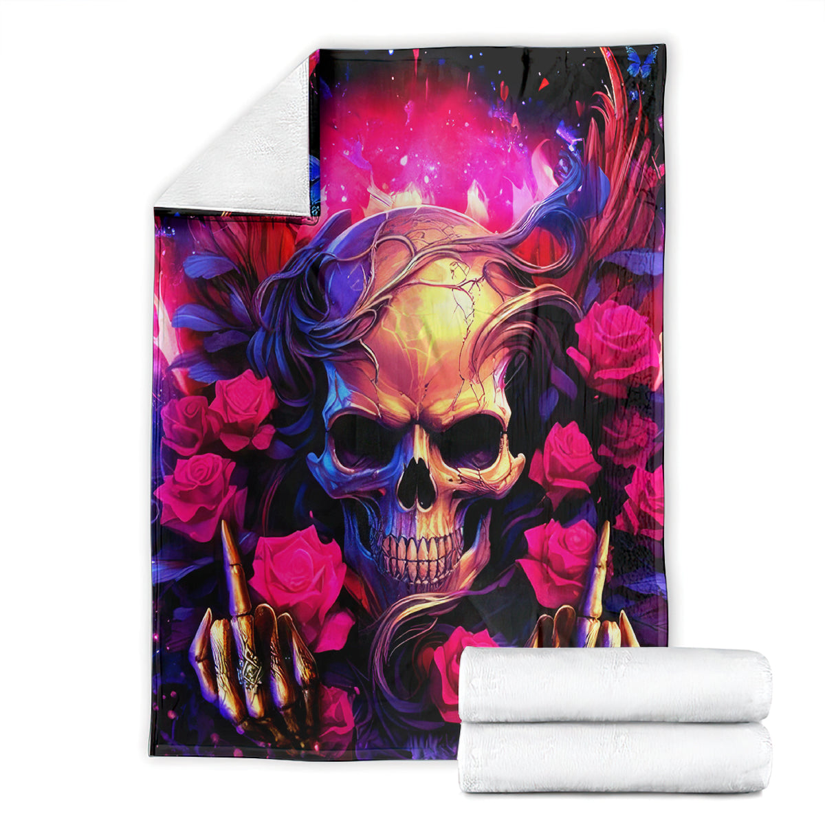 Skull rose blanket packaged with rolled white towels, glowing skull and pink roses artwork