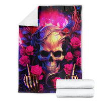 Skull rose blanket packaged with rolled white towels, glowing skull and pink roses artwork