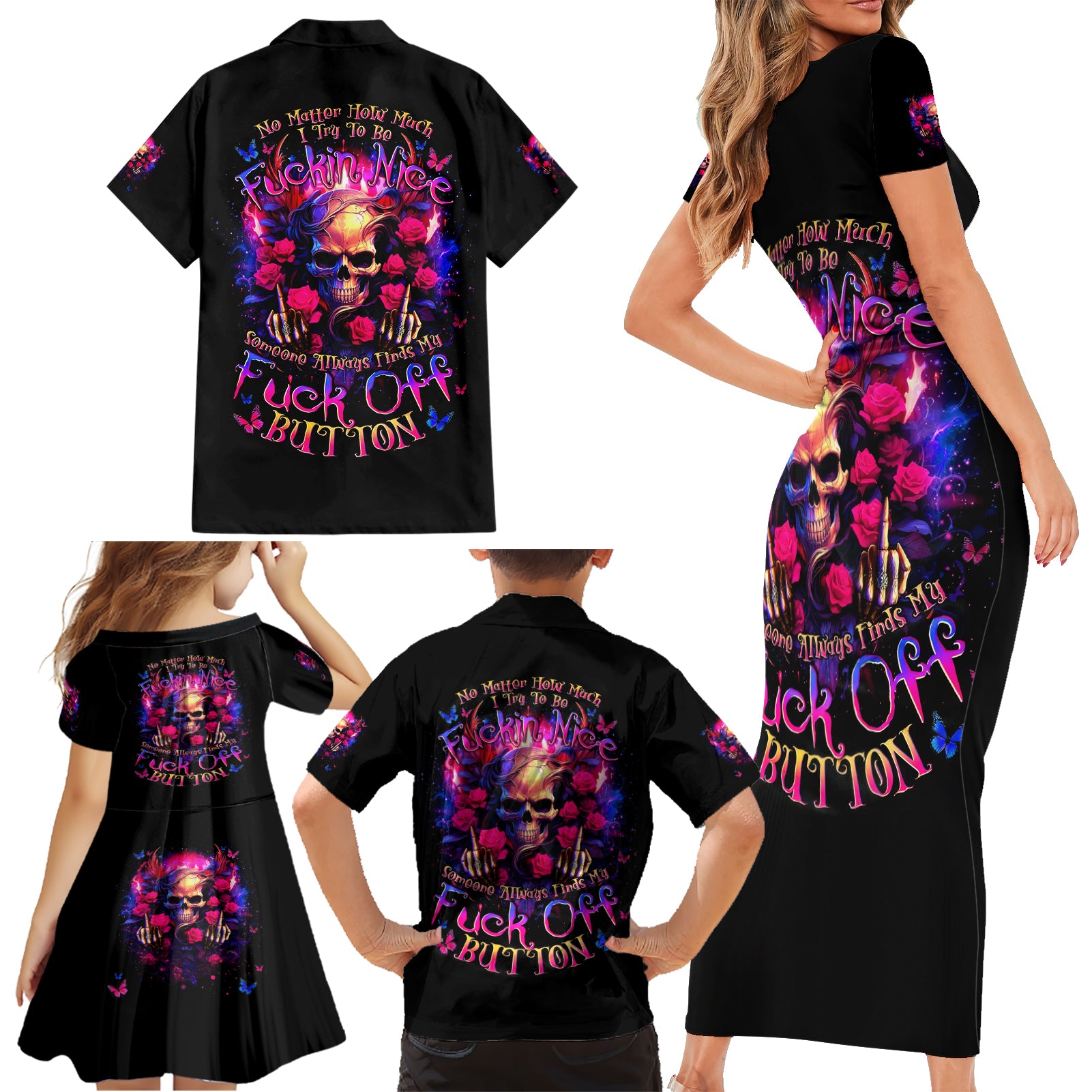 Rose Skull Family Matching Short Sleeve Bodycon Dress and Hawaiian Shirt No Matter How Much I Try To Be Fucking Nice - Wonder Print Shop