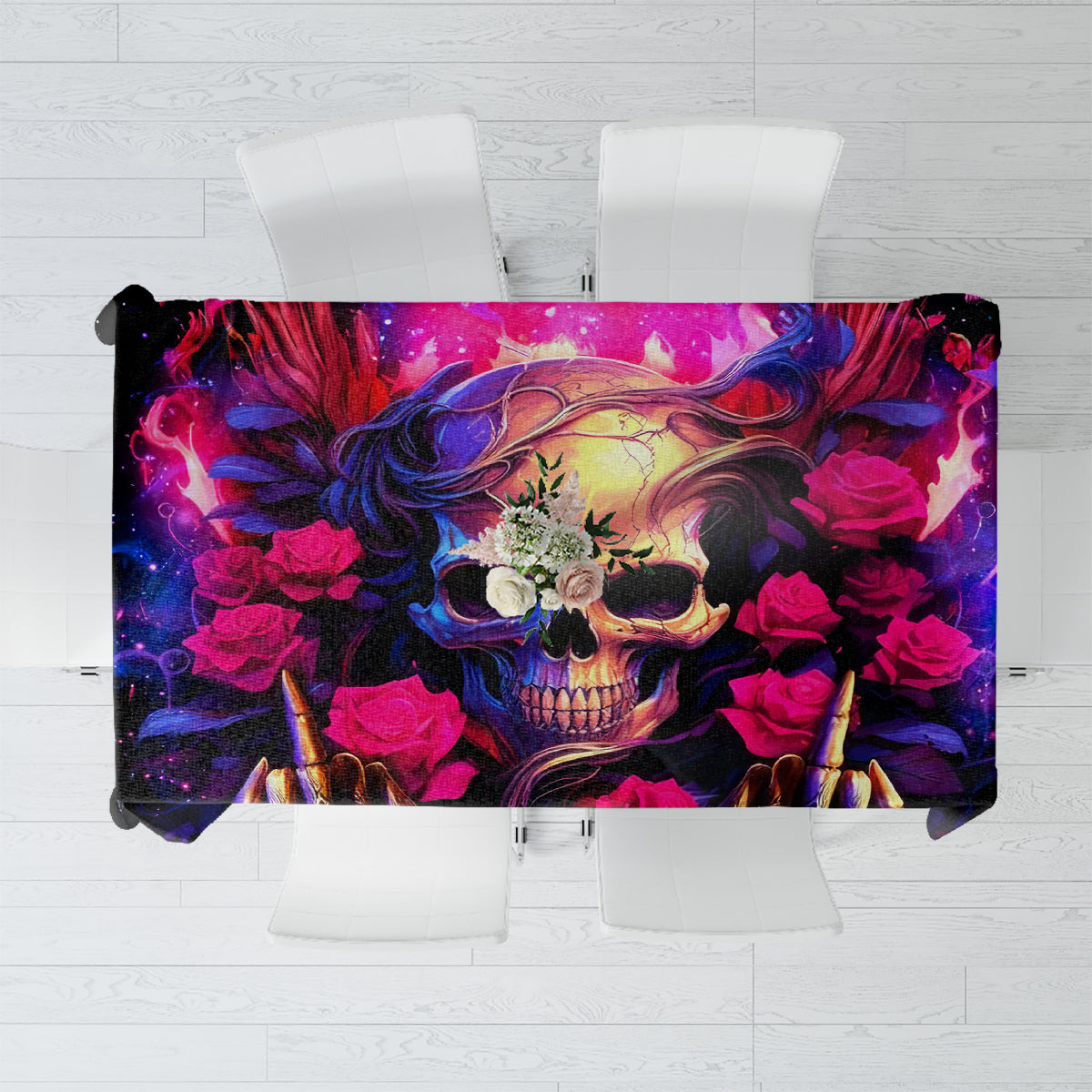 Skull and rose printed tablecloth, dark purple and black with bright pink accents