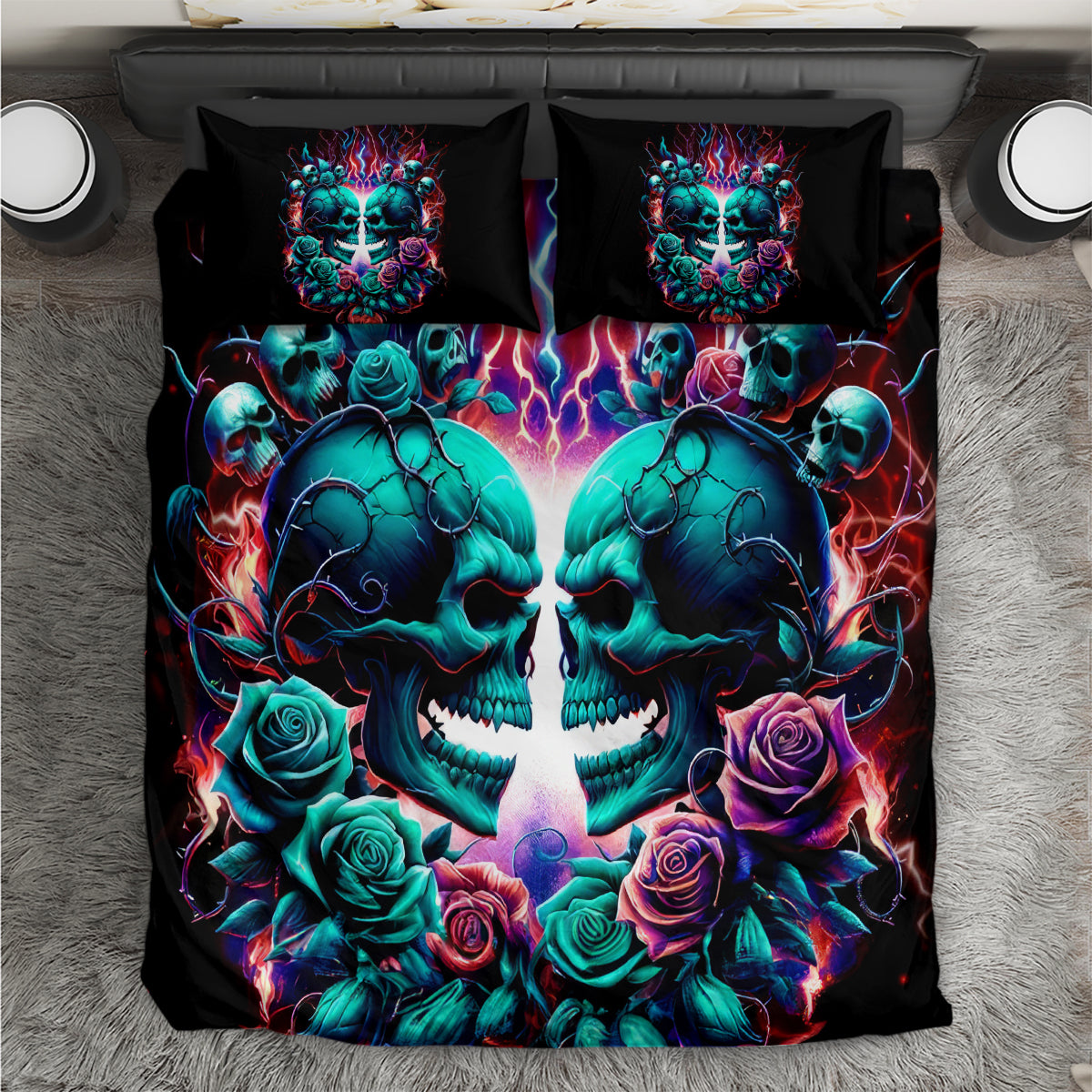 Twin black bedding set with blue skulls, roses, and colorful lightning graphics