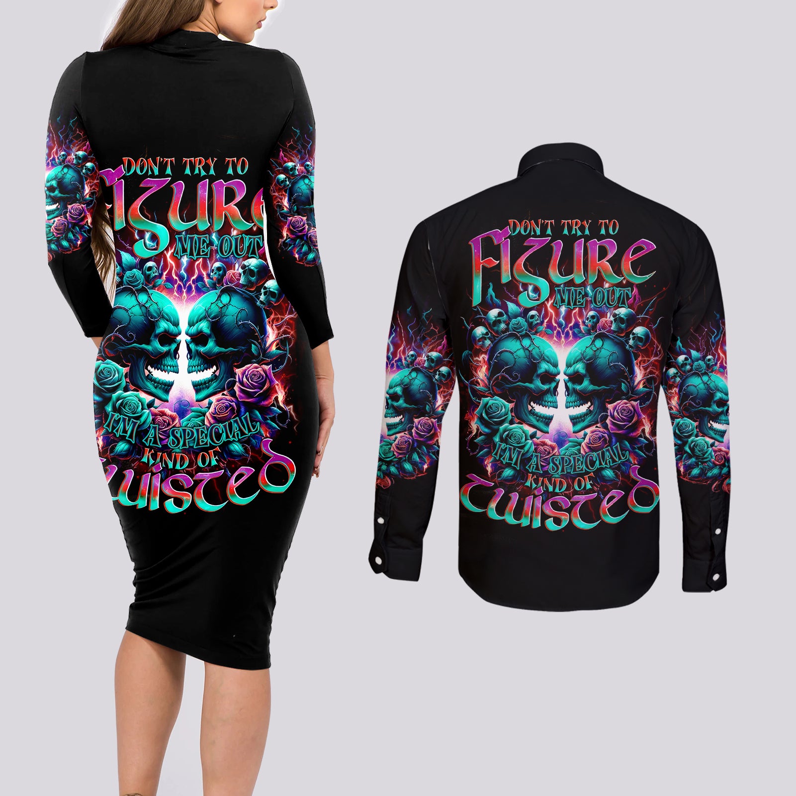 Twin Skull Couples Matching Long Sleeve Bodycon Dress and Long Sleeve Button Shirt Don't Try Figure Me out I'm A Special Kind Of Twisted - Wonder Print Shop