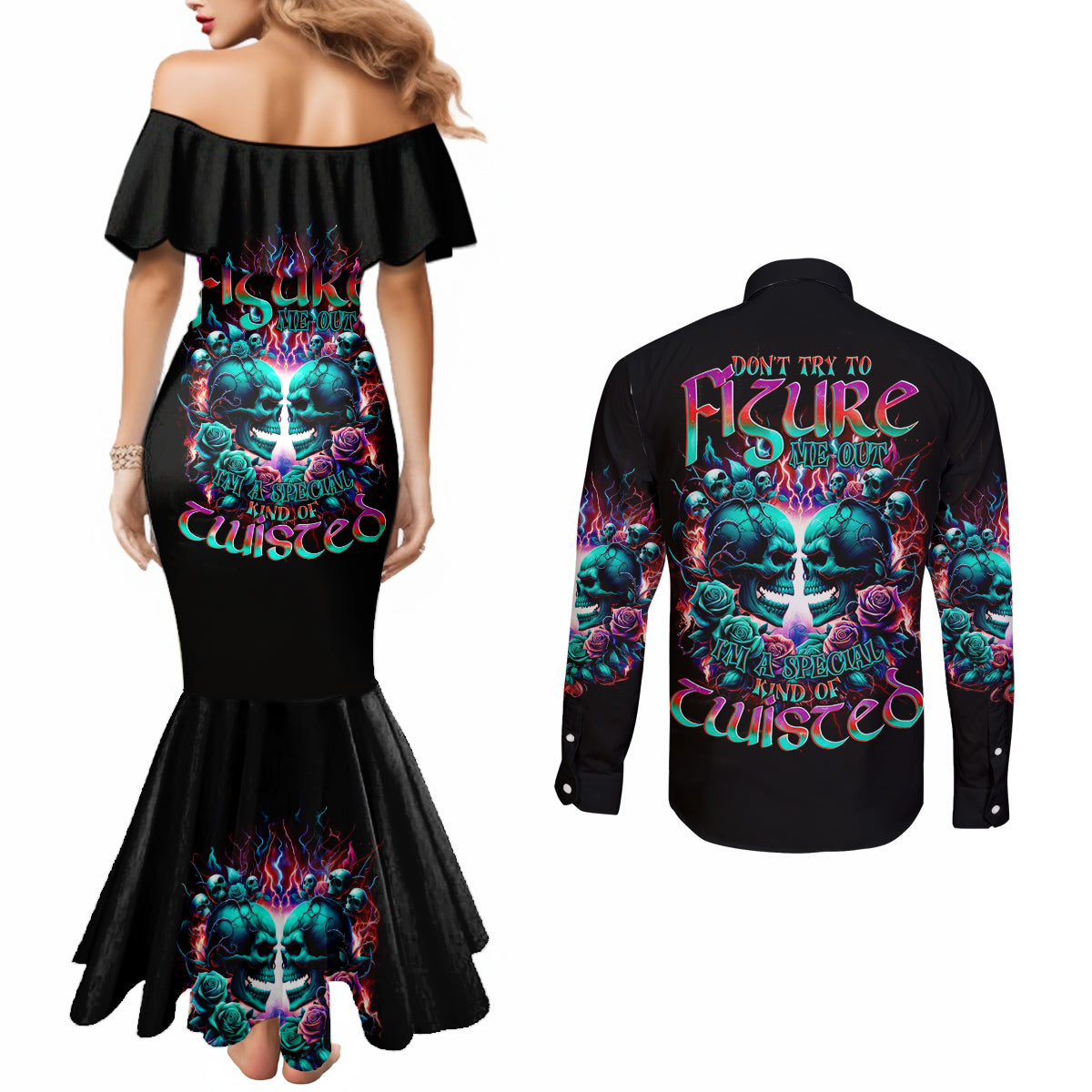 Twin Skull Couples Matching Mermaid Dress and Long Sleeve Button Shirt Don't Try Figure Me out I'm A Special Kind Of Twisted